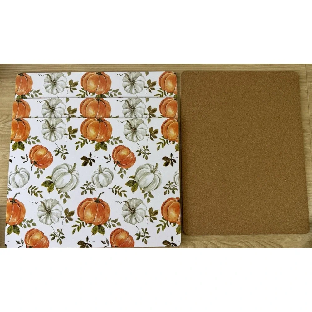 Cork Non-Slip Placemat Set of 4 Pumpkin Fall Thanksgiving, Orange/White/Green